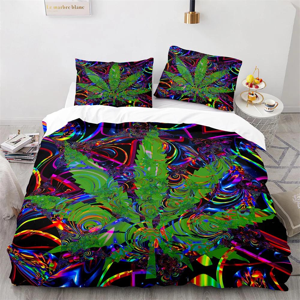 Weed Green Leaf Duvet Cover Watercolor Purple Blue Polyester King Queen Maple Leaf Duvet Cover For Women Men Bedroom Decoration