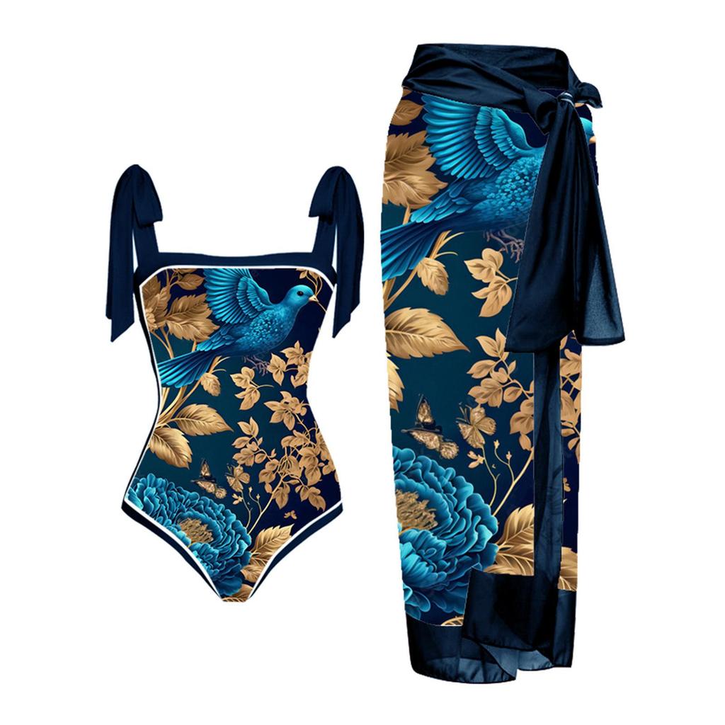 New Vintage Ethnic Print Women's One Piece Swimsuit Two Piece Sheer Skirt Conservative Push Up Padded Swimwear Beachwear