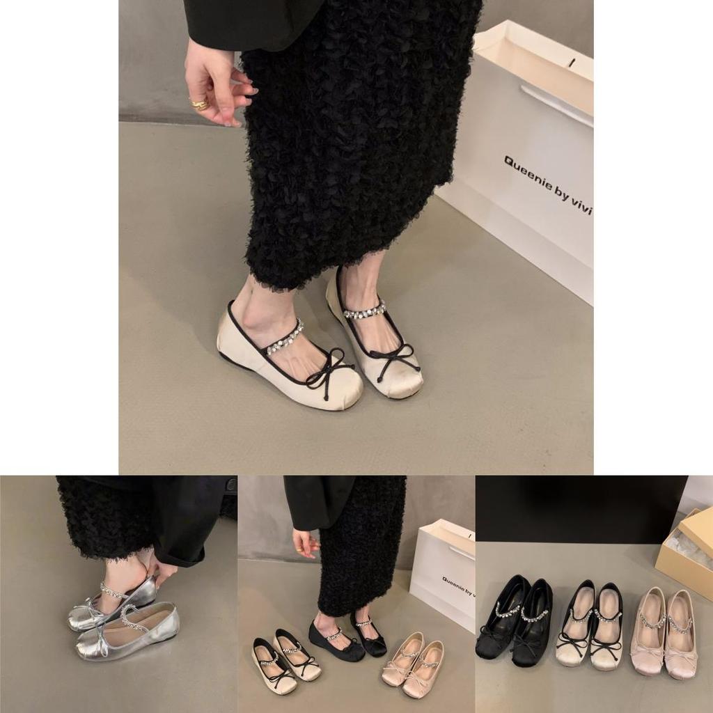 French Style Mary Jane Flats With Satin Upper And Rubber Sole For Spring And Autumn