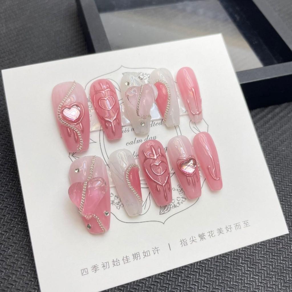 HANDMADE Medium-length Coffin Shaped Trapezoid Artificial Nail Pink Cute Sweet Princess Love Blush Crystal Diamond Phototherapy Nails Reusable