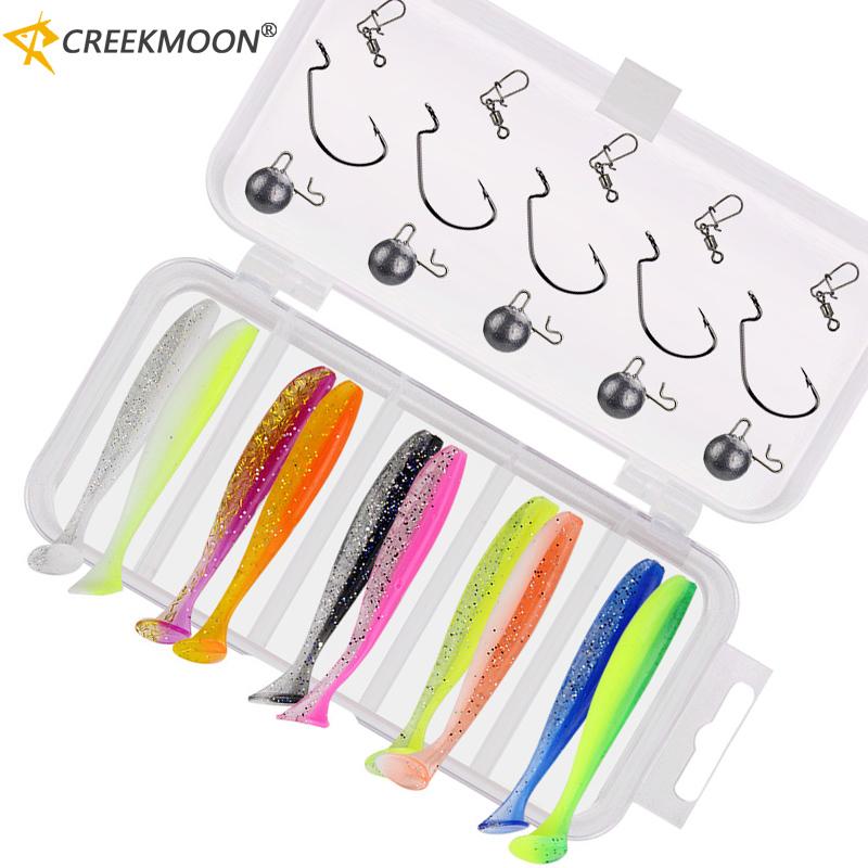 DIY Soft T Fishing Lure Set 25pcs Silicone Baits with 3.5g/5g Sinkers Jig Head Fishhook Offset Hook Worm Carp Fishing Tackle Kit