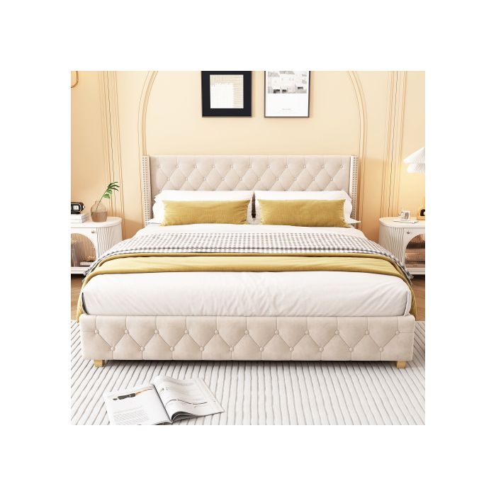 Lit - MUVOE - 180x200 cm - Rembourré - Tête de lit avec boutons - Beige clair