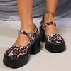 Леопардовые туфли-лодочки на массивном высоком каблуке для женщин 2025 Модные туфли Мэри Джейн на платформе с ремешком и пряжкой Женские готические туфли на толстом каблуке для вечеринок