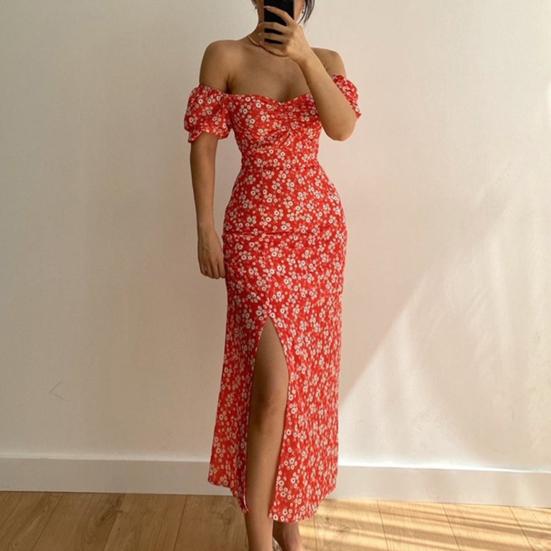 Женское платье с высокой талией и открытыми плечами, с глубоким вырезом, летнее сексуальное облегающее платье с цветочным принтом, трапециевидное платье макси для женщин