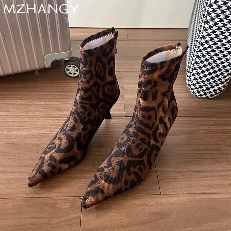 Женские ботильоны с острым носком, леопардовые сексуальные туфли на высоком каблуке, женская обувь 2024 года, трендовые зимние сапоги, туфли-лодочки для вечеринок, зимняя новинка, женские ботинки