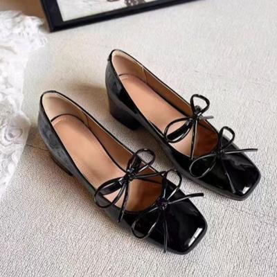 Модные осенние новые туфли на толстом каблуке, женские модные туфли с квадратной головкой и неглубоким ртом, бабочка, с завязками, низкие туфли без застежек