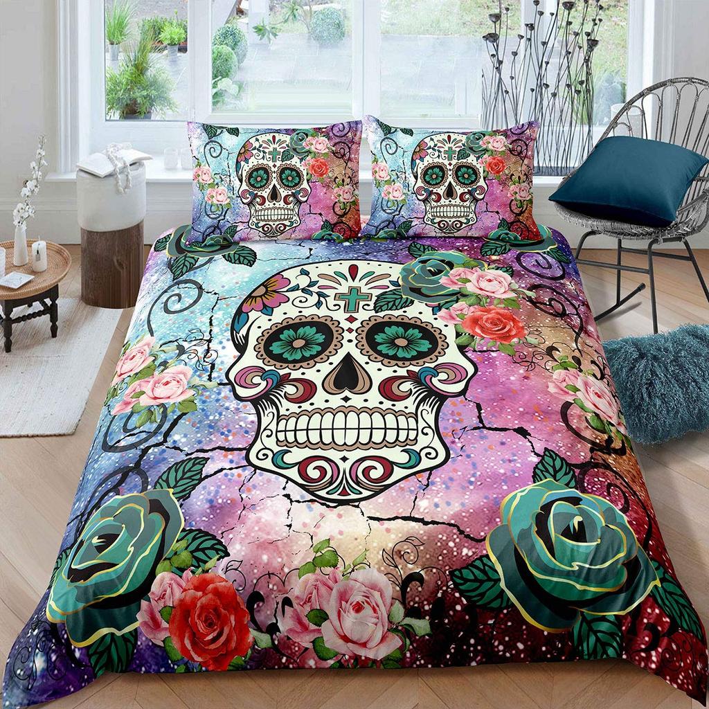 Yellow Sugar Skull Print Home Bedding Sets Duvet Cover Pillowcase Microfiber King Queen Double Twin Polyester Comforter Cover