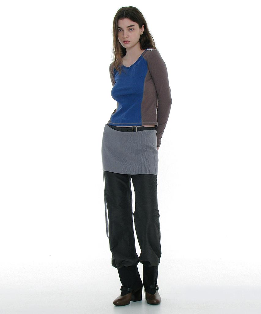 PARTIMENTO WOMEN Cut-Out V-Neck Colorblock Long Sleeve Tee_Blue