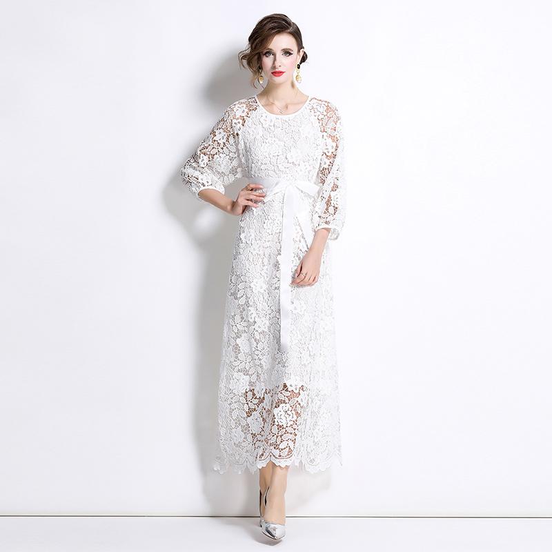 Spring Autumn Women Elegant Embroidery Lace Crochet Flower Oversized Lace-up Ankle Length Party Dresses