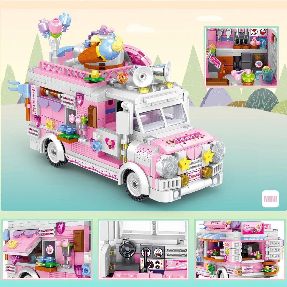 Строительные блоки для девочек-друзей, мороженое, бургер, суши, фруктовый десерт, тележка, модель, кирпичи, город, автомобиль для отдыха, автомобиль для кемпинга, детские игрушки