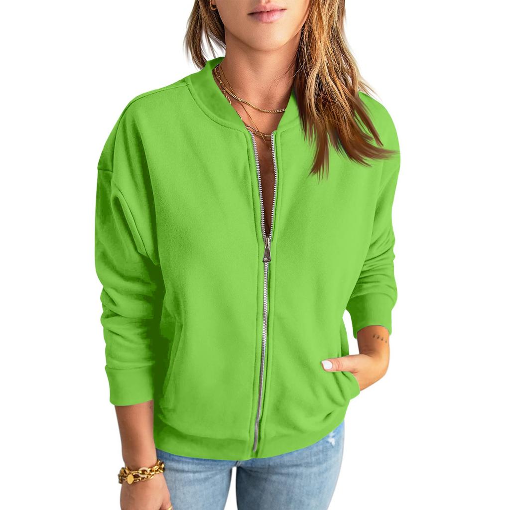 Women's Casual Sweatshirt Solid Color Zipper Jacket Long Sleeve Loose Coat With Pocket
