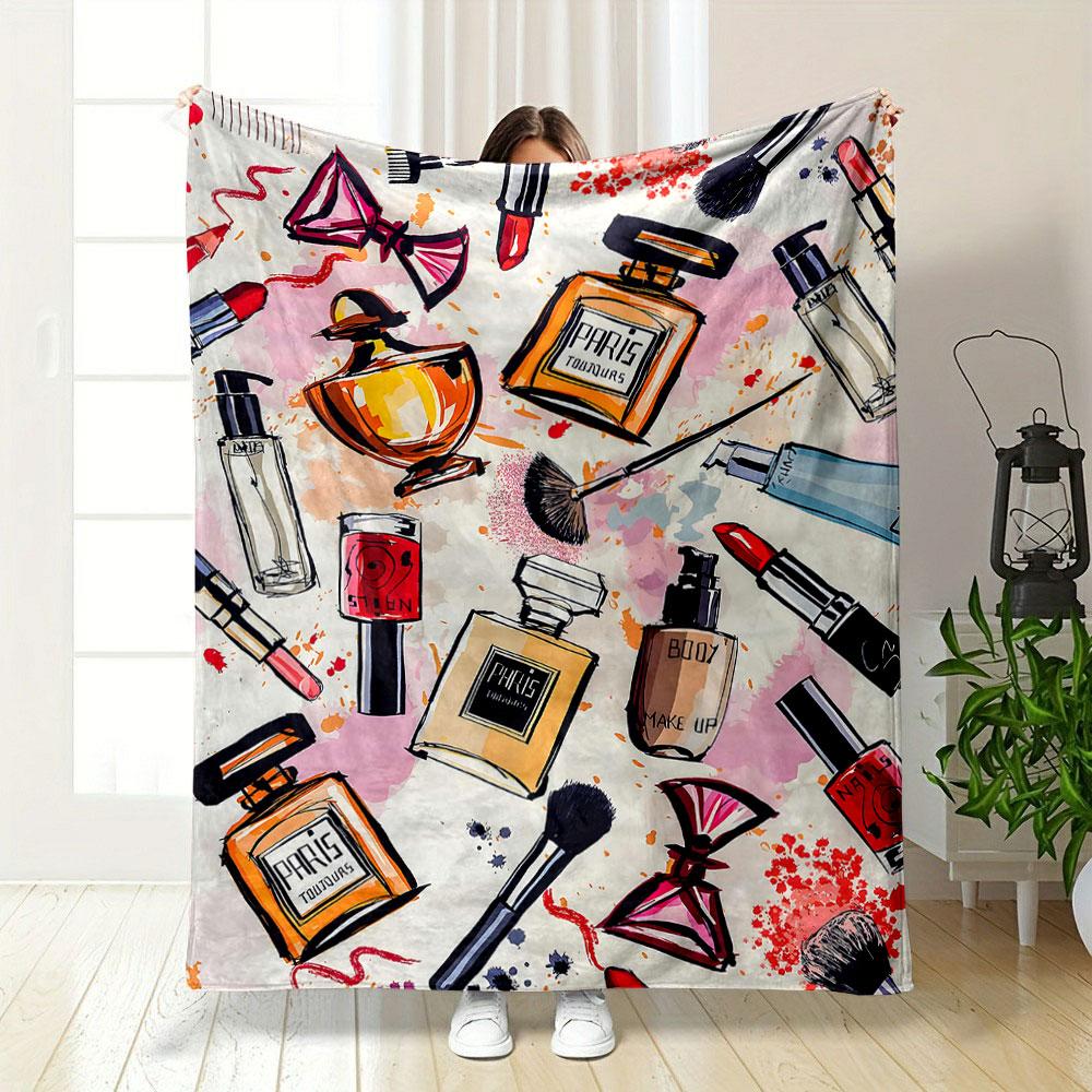 Makeup and Perfume Pattern Design Patterned blanket, flannel, suitable for all seasons, home decor, warm and cozy