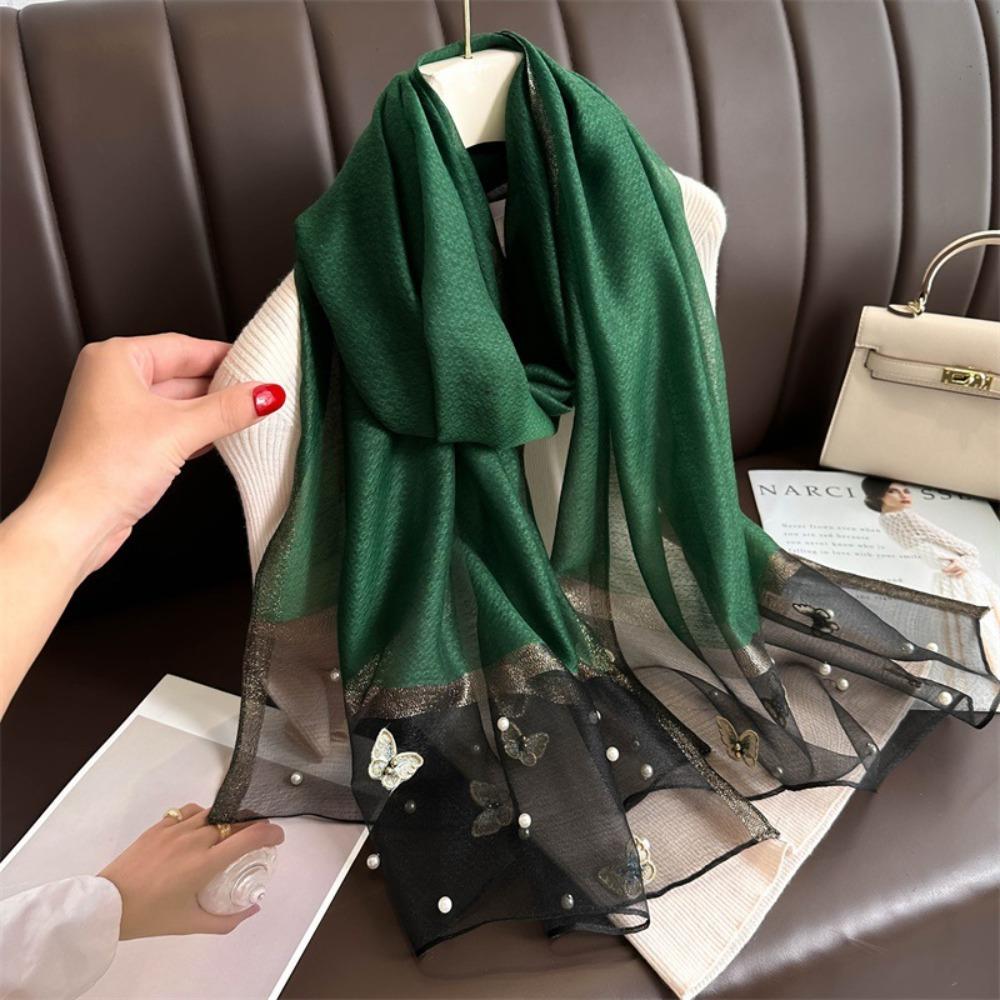 Thin Butterfly Embroidery Scarf Pearl Women Hijab Shawls Elegant Silk Scarf Lady