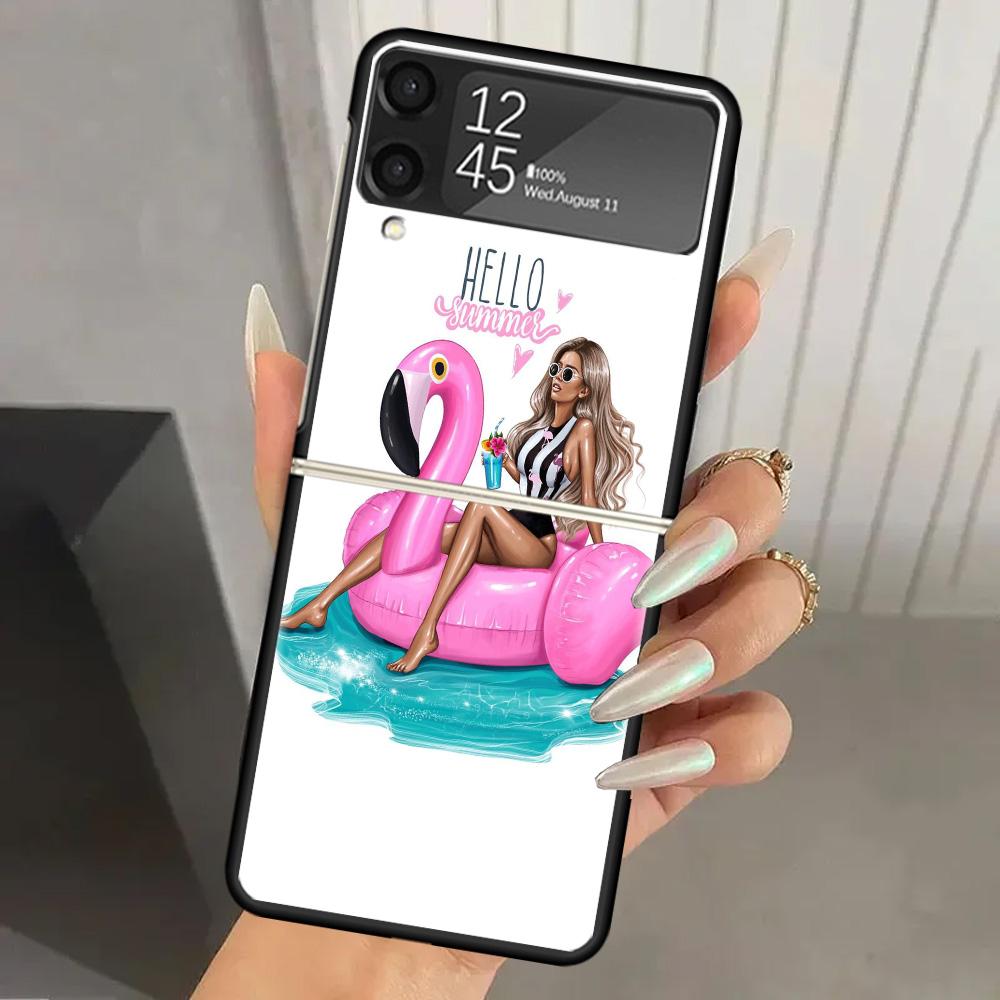 Чехол для телефона Samsung Galaxy Z Flip 6 5 4 3, жесткий ПК, летний пляжный, с фламинго, черная крышка, ZFlip6 Flip5 Flip4 5G, складной, с принтом