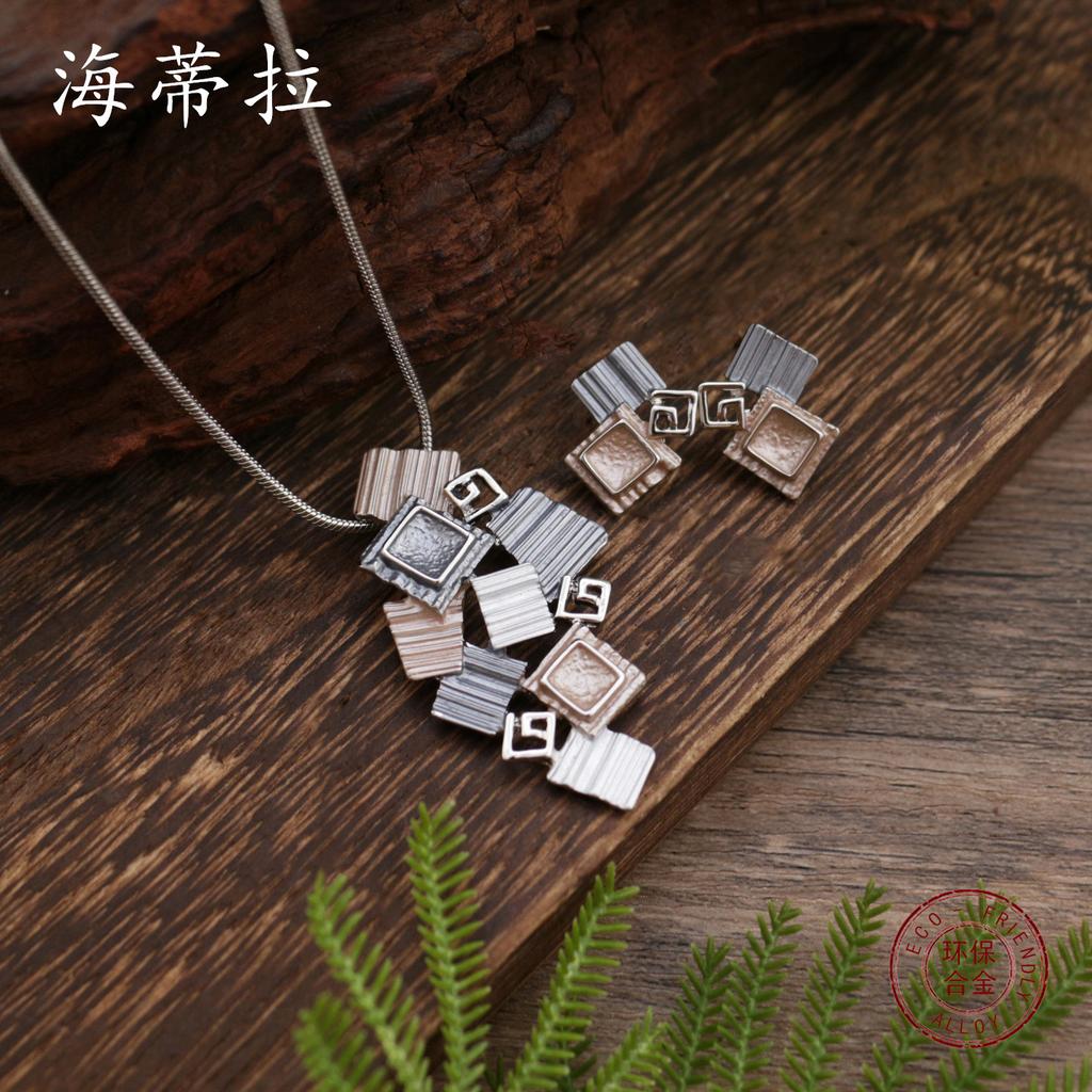 Новый эмалевый цветной квадратный геометрический набор сережек-гвоздиков и подвески, женское простое и универсальное геометрическое квадратное ожерелье