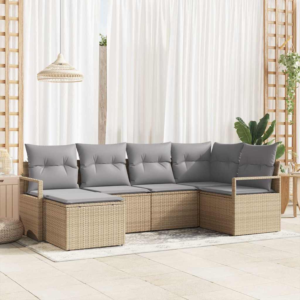6 Piece Sofa Set with Cushions Beige Poly Rattan