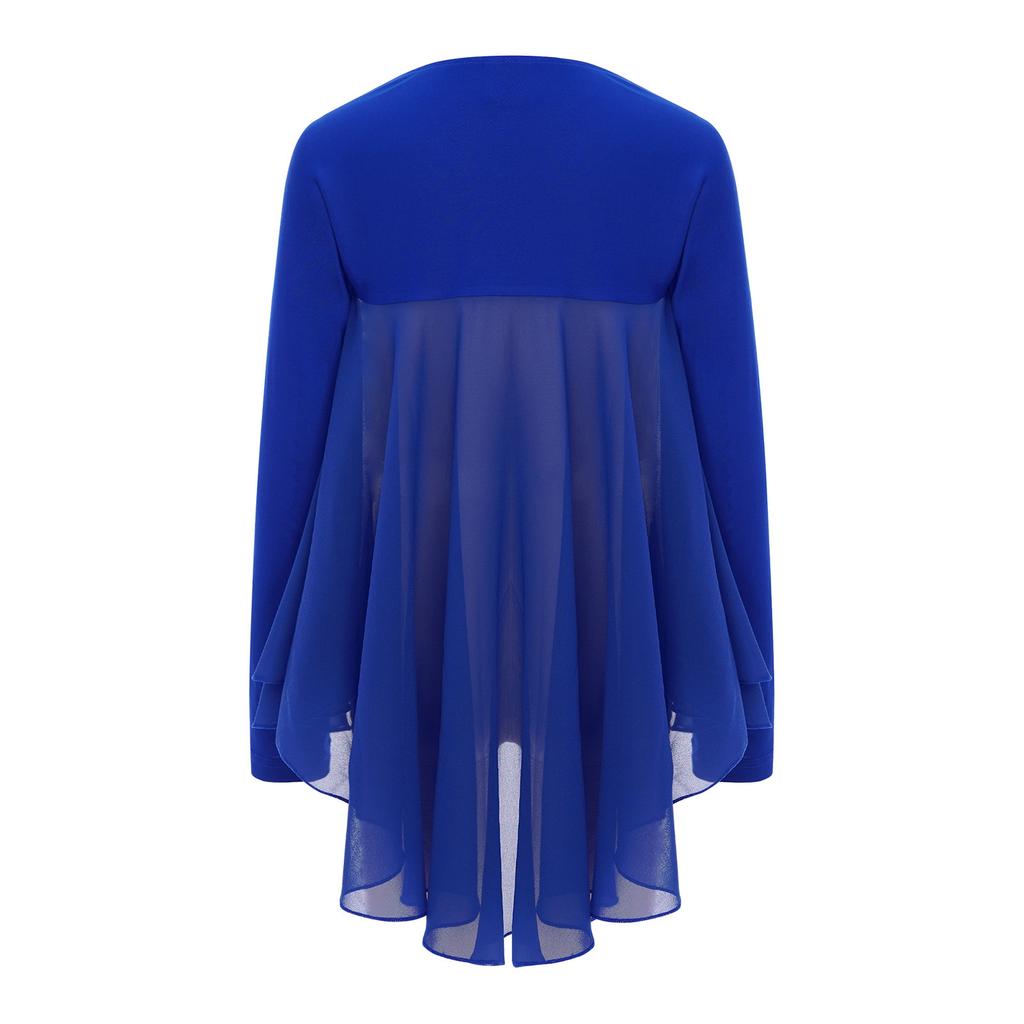 Топ для выступлений для девочек, стиль с открытой передней частью, неровный подол, болеро с крыльями ангела, соревновательный наряд