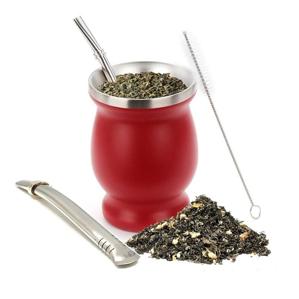 Double Wall Tea Cup Set Stainless Steel Straw Cup Practical Insulated Cup Tea Drinking