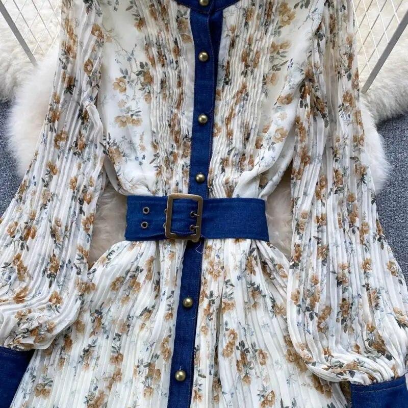 Autumn Lace Vintage Fairy Dress Women Patchwork Elegant Party Midi Dress Female Bow Korean Fashion One Piece Floral Dress 2024