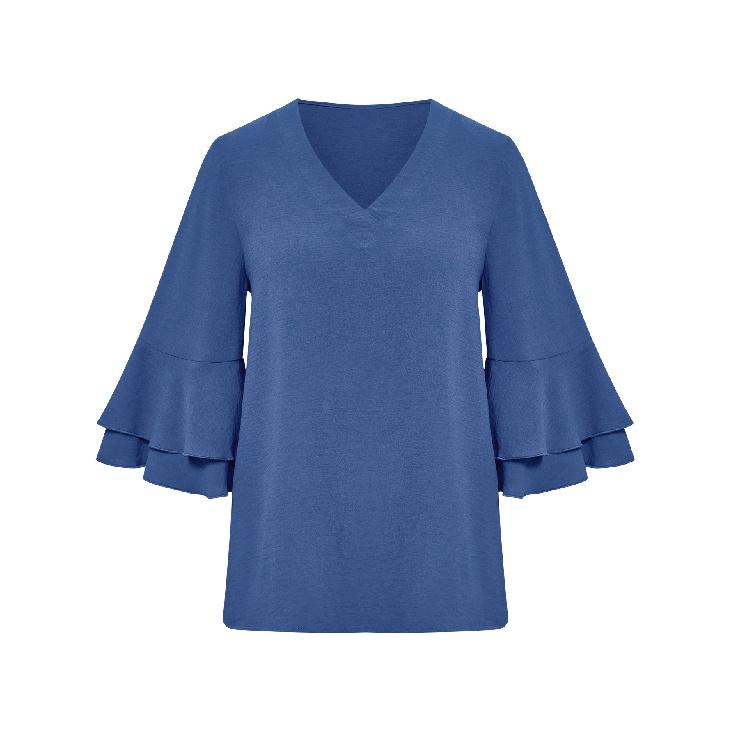 2023 Весенне-летние однотонные свободные топы с V-образным вырезом и оборками на рукавах для