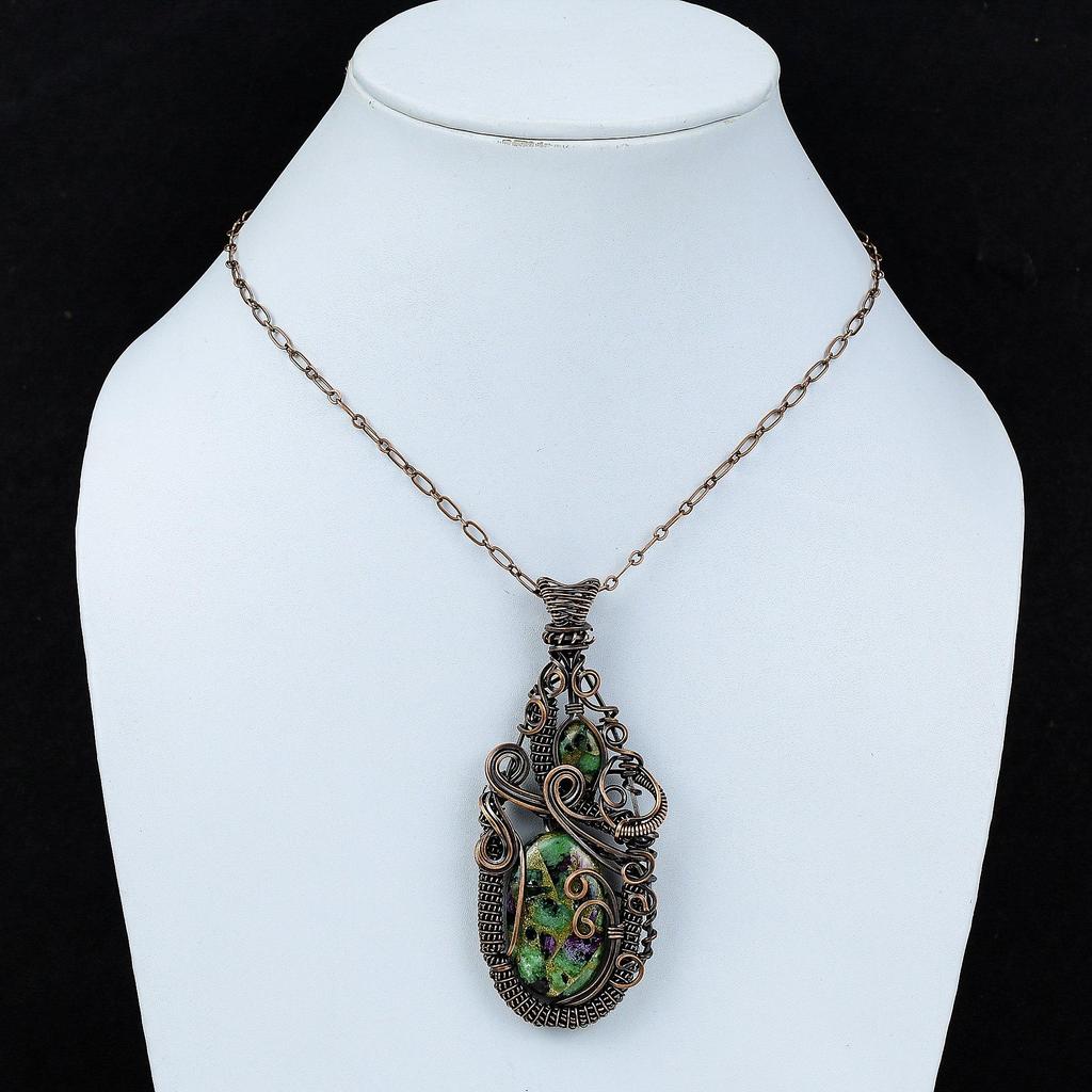 Медный рубин, кулон с цоизитом, медная проволока, кулон, ювелирные изделия ручной работы, кулон с драгоценным камнем, рубин, цоизит, медные украшения, подарок для особого случая