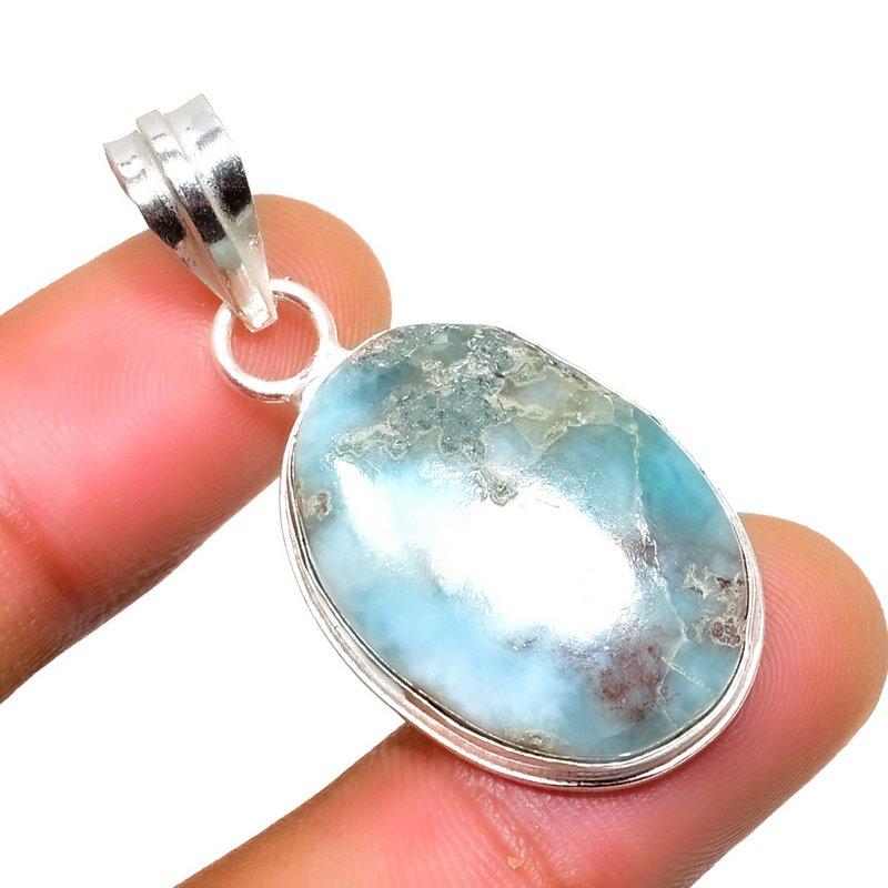 Republic Larimar Gemstone 925 Silver Plated Handmade Jewelry Pendant 1.62"