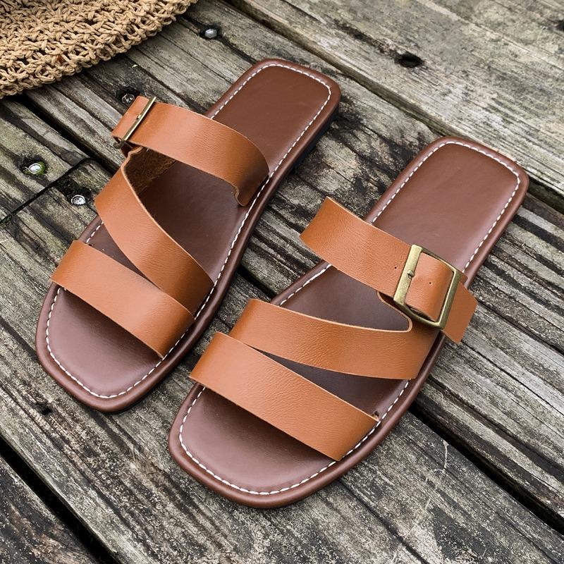 Large Size Buckle Flat Bottom One-word Shoes Women's Open-toed Retro Wind Beach Cool Slippers