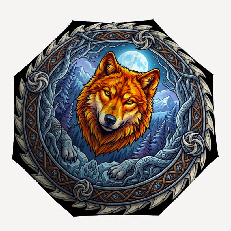 Wolf Moon Forest Crest pattern umbrella, portable and foldable design, 8 ribs, a casual accessory for Halloween, Christmas, and birthday gifts.