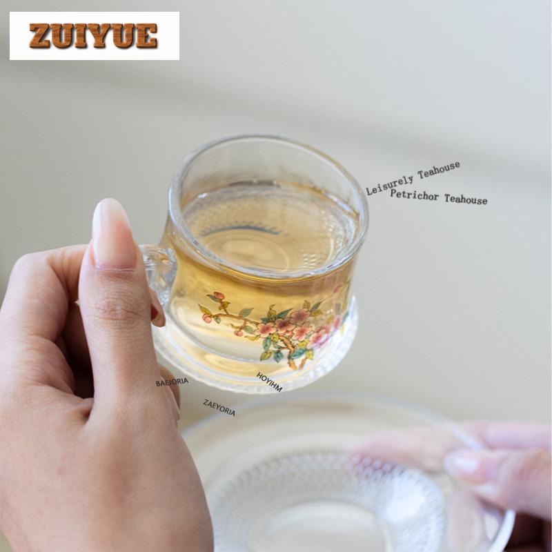 150ml High Borosilicate Glass Peach Blossom Coffee Mug With Plate Latte Cereal Mug Afternoon Tea Mug Cup Saucer Kit Tea Items