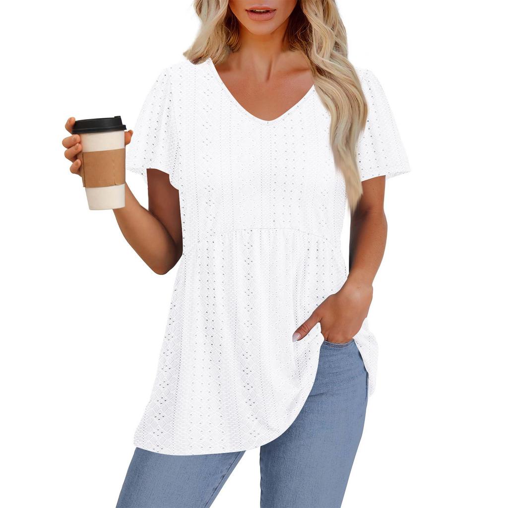 Женские летние топы, повседневные, с оборками, коротким рукавом, круглым вырезом, свободные, плиссированные футболки