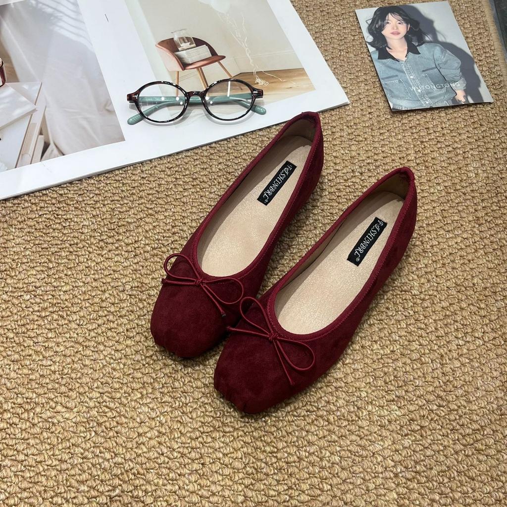 French Inner Heightening Suede Ballet Single Shoes Women's Shoes 2025 New Spring and Autumn Bow Red Evening Shoes