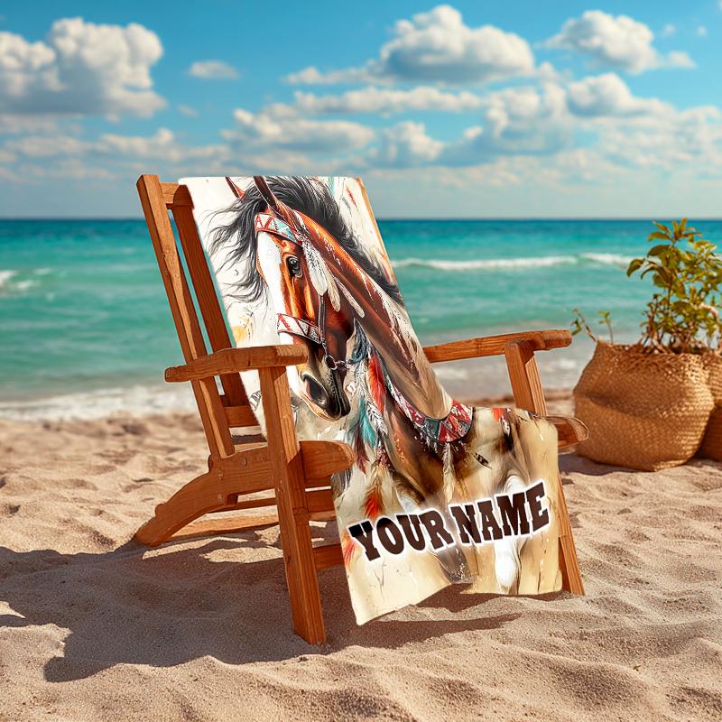 1PC Custom Name Native American Horse Art Beach Towel Highly Absorbent And Sand-Resistant Towel for Swimming, Pool, Yoga, And Travel Lightweight
