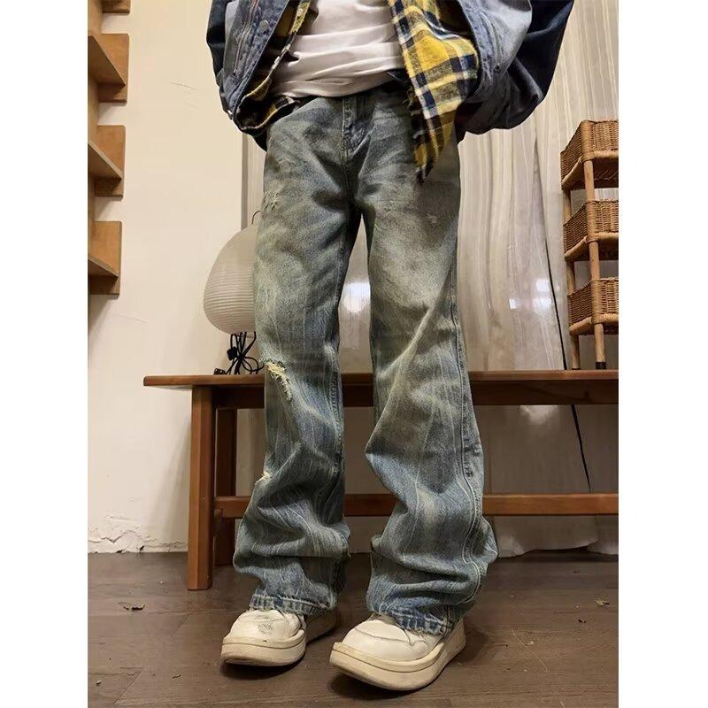 Осень и зима Новые американские джинсы High Street Washed Light Color для мужчин и женщин Прямые слегка расклешенные свободные широкие брюки