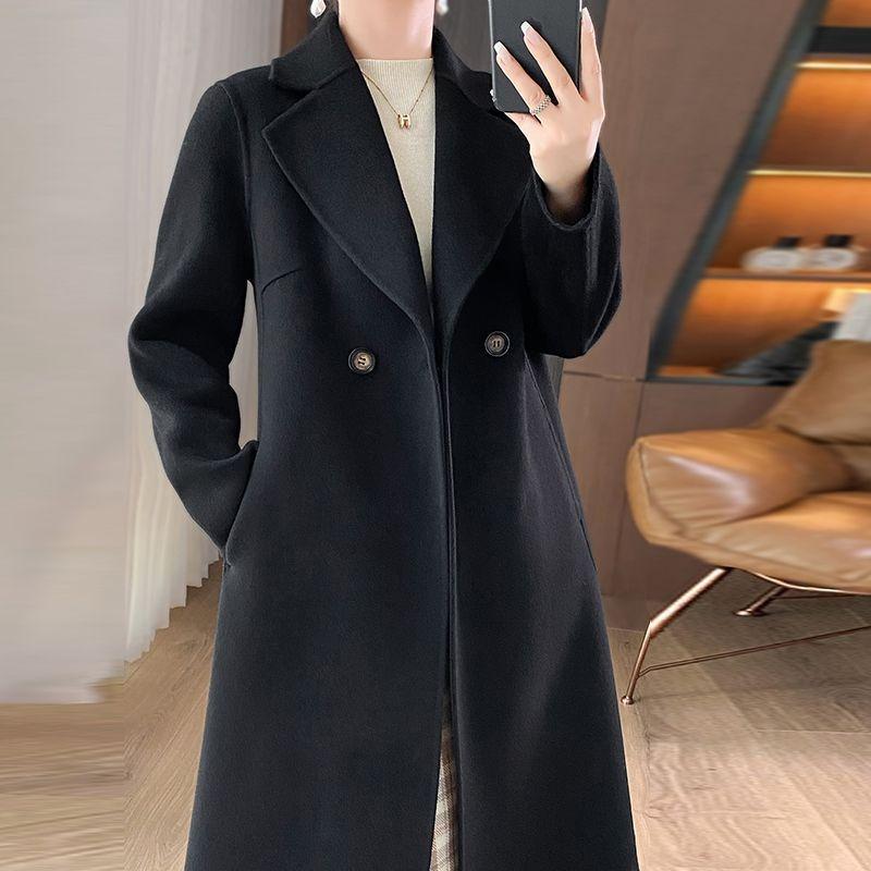Шерстяное двустороннее шерстяное пальто для мамы среднего возраста, женское осенне-зимнее длинное пальто до колена, приталенное и стройнящее, осенне-зимнее пальто