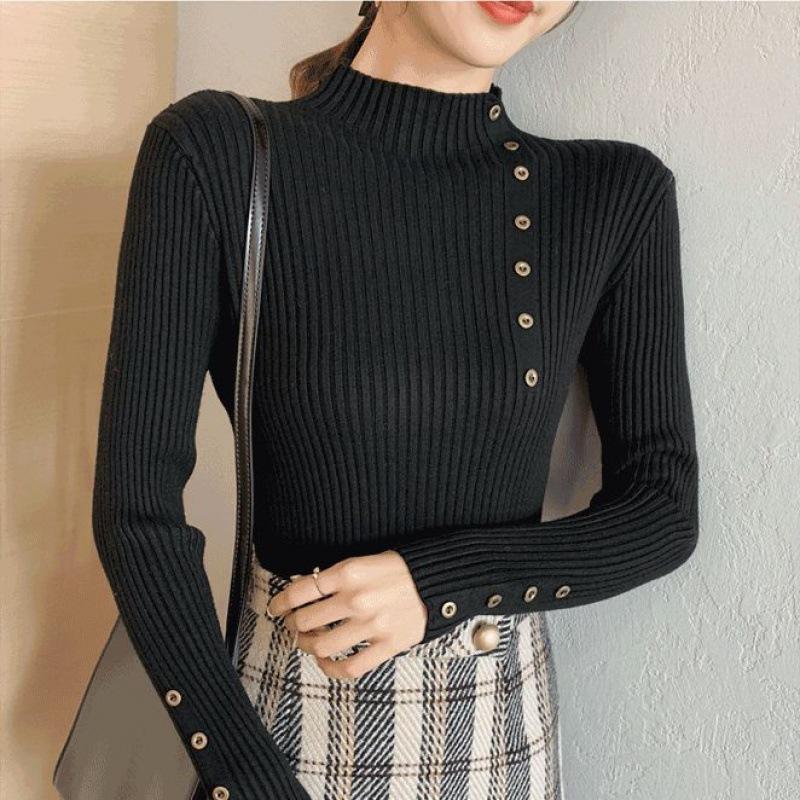 Non Pilling Button Half High Neck Sweater Women's Base Sweater Autumn Korean Version Pullover Slim Knit Sweater