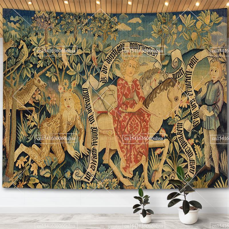Medieval Unicorn Tapestry Wall Hanging For Home Decor Paintings Retro Hippie Tapestries Aesthetic Background Yoga Meditation