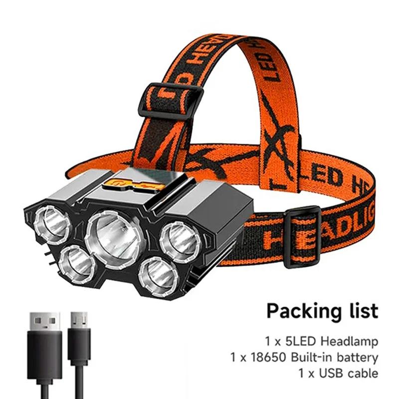 5 LED Headlamp Powerful USB Rechargeable Lamp Head Flashlight Fishing Camping Torch Lantern Built-in Battery Waterproof