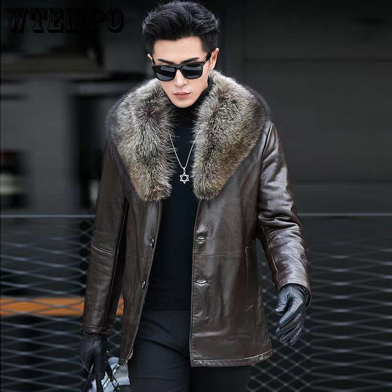 Мужская шуба из меха со съемным воротником из меха енота, модная утепленная зимняя кожаная куртка, мужская кожаная куртка
