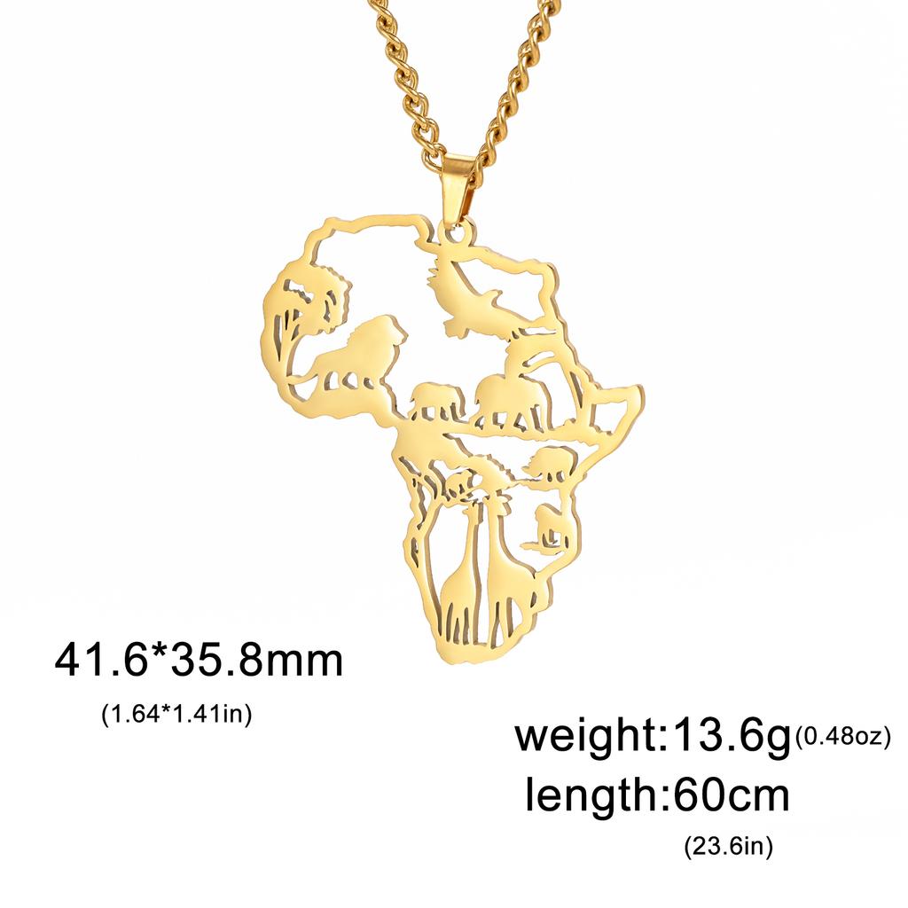 Myshape Animal Map Lion Giraffe Elephant Pendant Stainless Steel Necklace Men's and Boys Fashion Ethnic Jewelry Gift