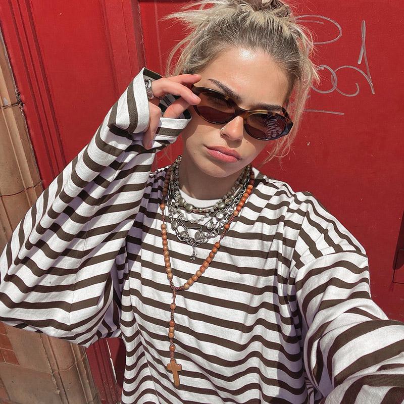 Striped T-shirt Women's Loose Round Neck Long Sleeved Top Retro Contrasting Color Basic Style Thin Commuting 2025 Spring/Summer