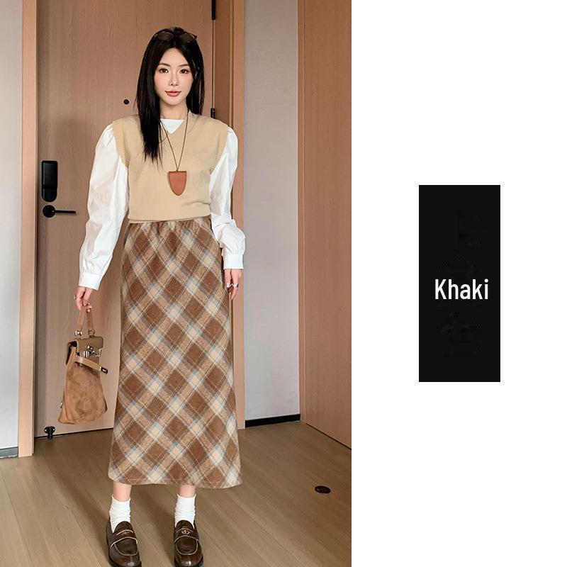 Женская шерстяная клетчатая юбка с высокой талией - узкий А-силуэт средней длины, утолщенная для осени/зимы 2024 г.