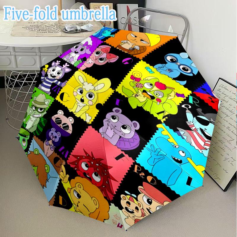 Happy Tree Friends Anniversary Mini Umbrella, 5-Fold, Lightweight, Retractable Umbrella Features 8 Ribs, Ideal for Outdoor Use Birthday Gifts