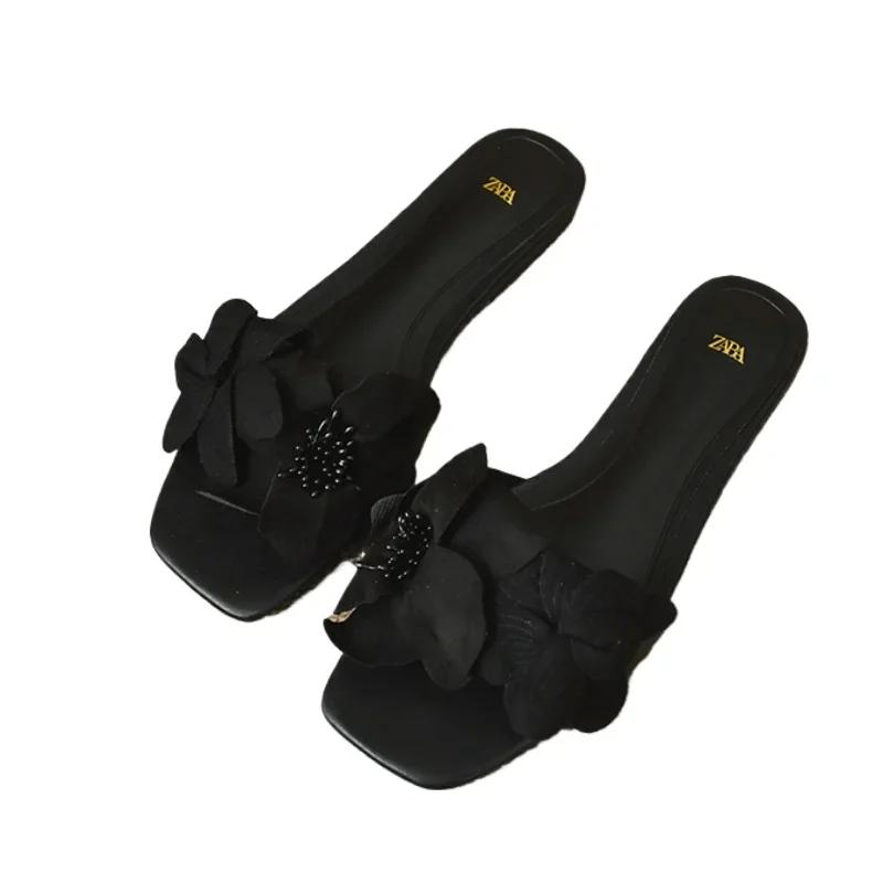 2024 Лидер продаж женские тапочки летняя женская обувь мода новые большие размеры однотонные цветные женские туфли на плоской подошве с цветочным узором