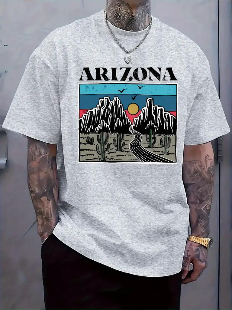 Arizona Landscape Print Round Neck Short Sleeve T-shirt Fashion Regular Fit Spring/Summer Vacation