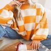 Checkered Long Sleeve Pullover Crew Neck Sweater