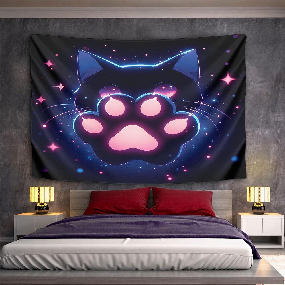 Neon Cat Paw with Starry Glow Pattern Wall Hanging Tapestry Decorative Tapestry Home Decor for Bedroom and Living Room