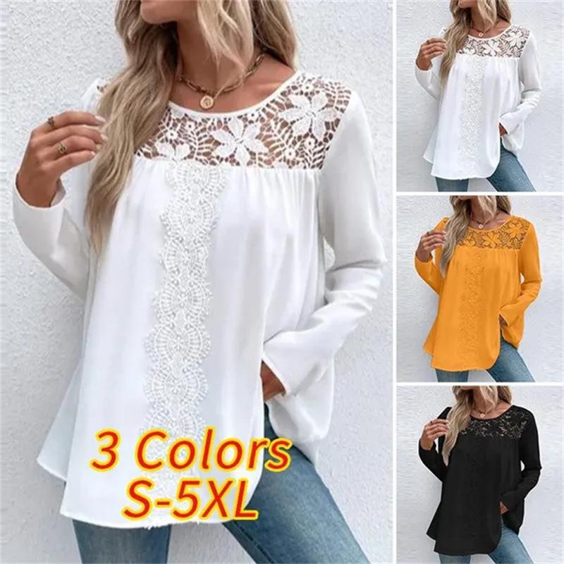 Женская блузка, повседневная, свободная, плиссированная, с ажурным кружевом, с круглым вырезом и длинным рукавом, футболка