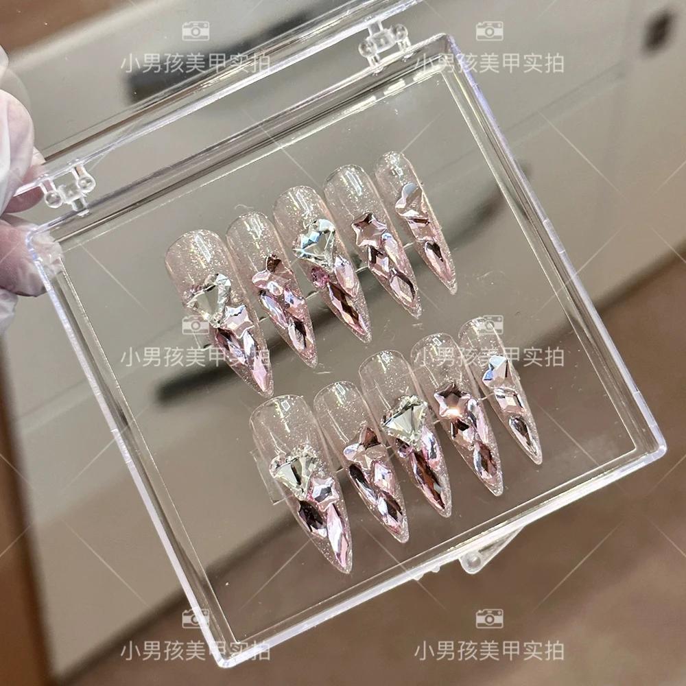 10Pcs Luxury 3D Rhinestone Handmade Transparent Press On Nails Shiny Long Coffin Reusable Full Cover Nail Art Gift