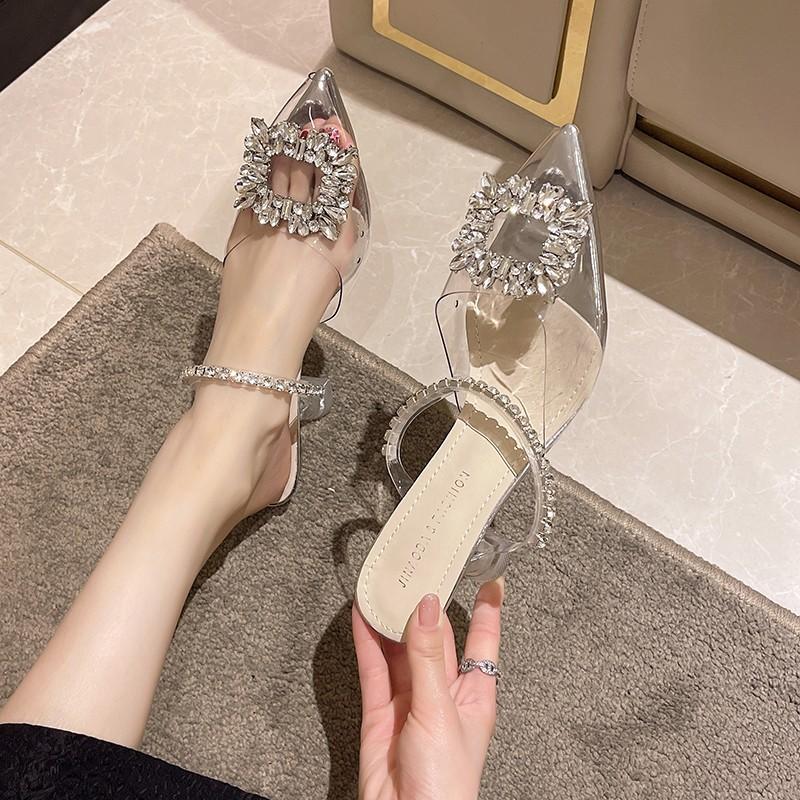 2025 Summer High Heels Fairy Style Fashion Pointed Rhinestone Square Buckle Transparent Word with Stiletto Slippers