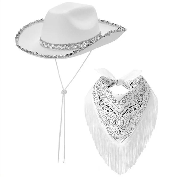 Blingbling Cowgirl Hat and Scarf Sequined Brim Hat and Tasseled Scarf